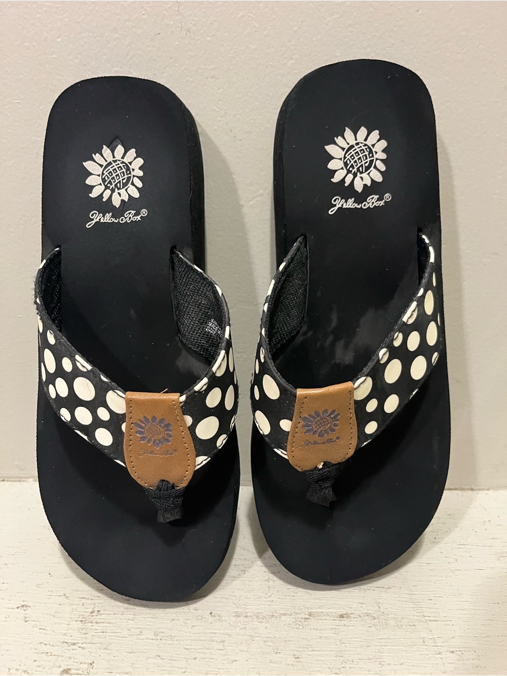 Yellow Box Black Polka Dot Thong Sandals with Tan Accent - Picture 2 of 5